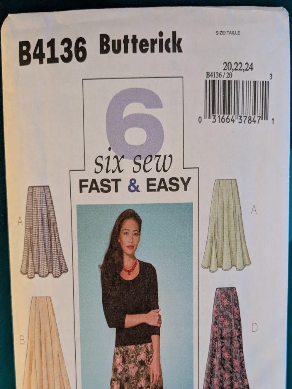 Butterick 6 Sew Fast & Easy Skirts Pattern B4136 size 20,22,24
